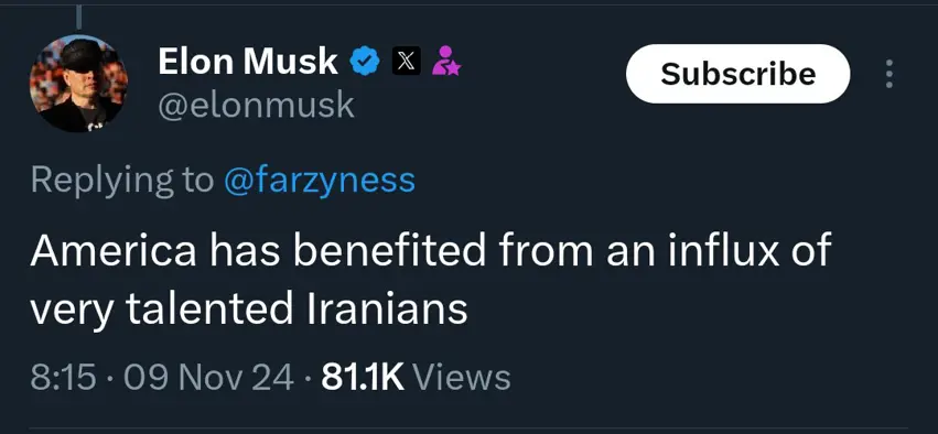 ئیلۆن ماسک : ئەمریکا سوودی لە هاتنی بێ هەژماری ئێرانی بەهرەمەند وەرگرتووە