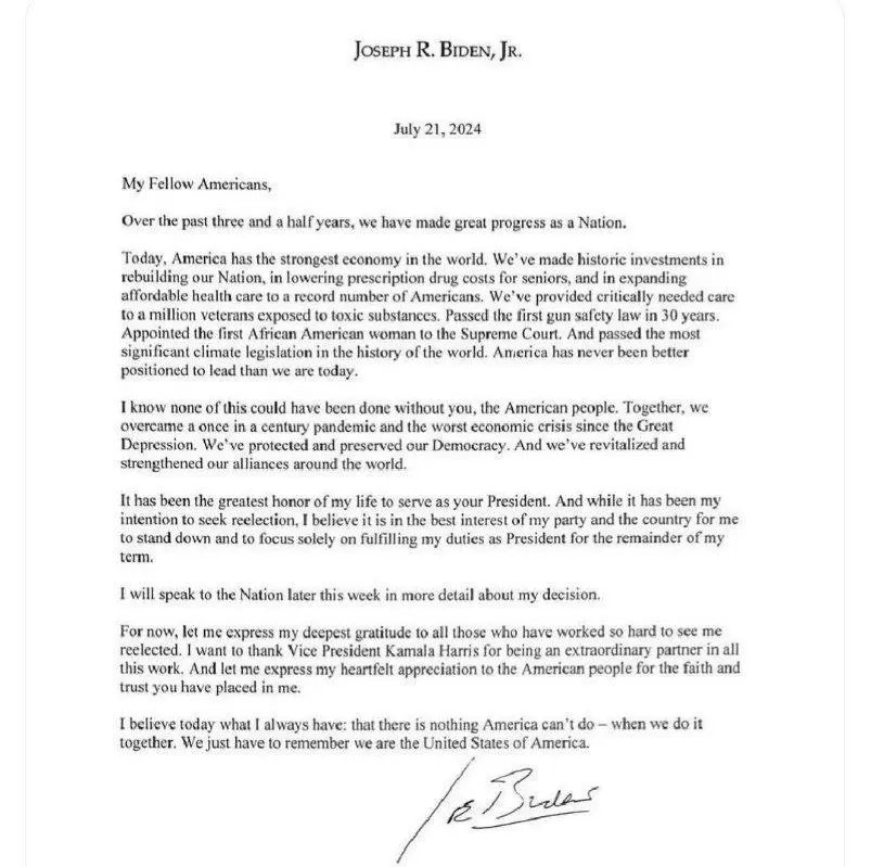 لێدوانی بایدن سەبارەت بە بڕیارەکەی بۆ کشانەوەی لە هەڵبژاردنەکانی سەرۆکایەتی ئەمریکا