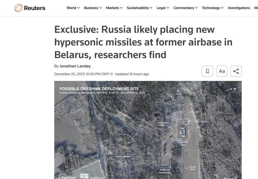 توێژەران بۆیان دەرکەوتووە کە پێدەچێت ڕووسیا مووشەکی نوێی هایپەرسۆنیک لە بنکەی ئاسمانی پێشووی بیلاڕووسیا دابنێت