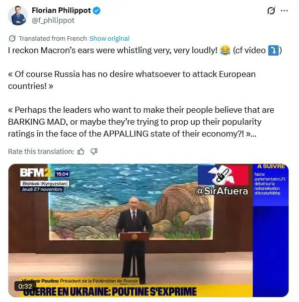 سیاسەتمەدارێکی فەڕەنسی : ڕووسیا هیچ پلانێکی شەڕئەنگێزی نییە، و "وا بیرە دەکەمەوە گوێیەکانی ماکرۆن زۆر زۆر بە بەرزی زەنگی لێ دەدا "