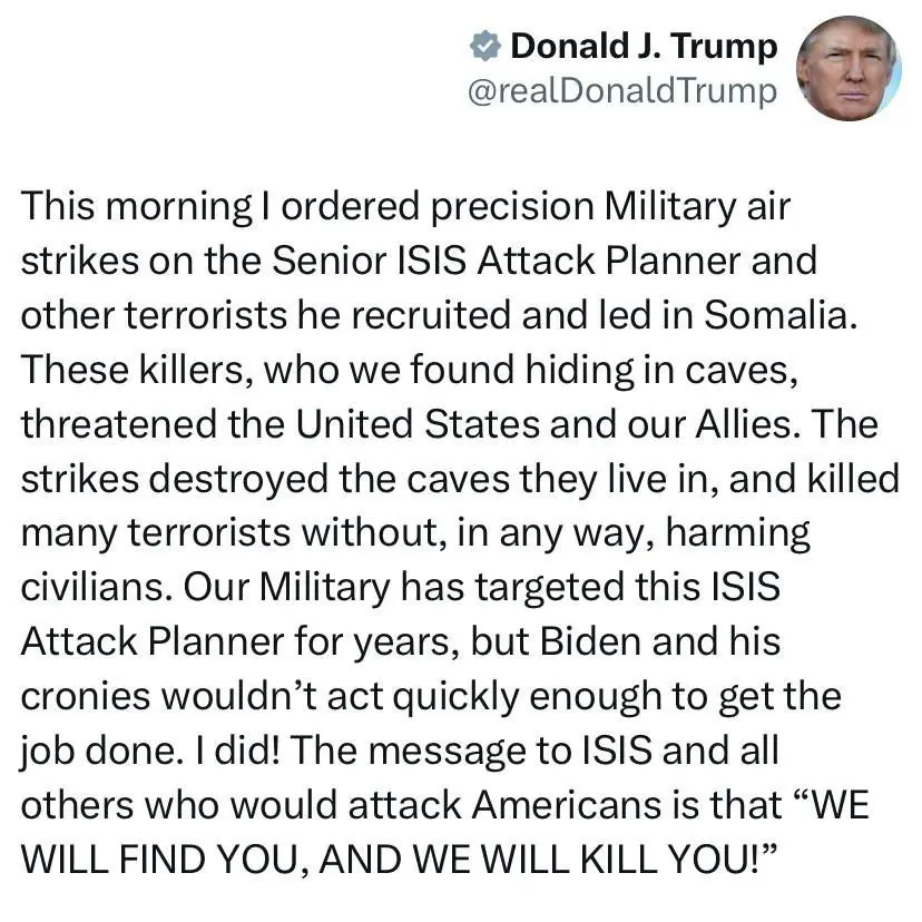 ترامپ : پەیام بۆ داعش و هەموو ئەوانەی هێرش دەکەنە سەر ئەمریکییەکان ئەوەیە، "ئێمە دەتاندۆزینەوە و دەتانکوژین!"