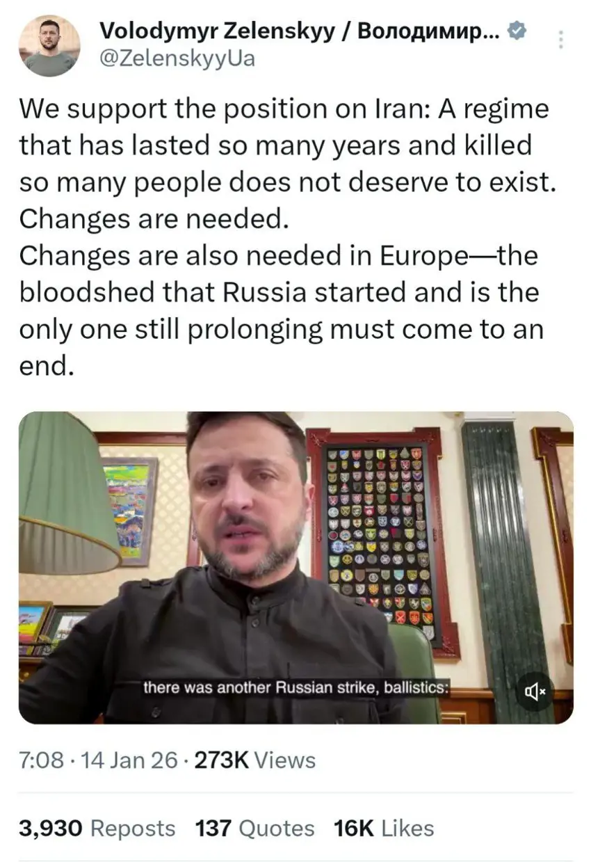 زلێنسکی پەیامێک بۆ خەڵکی ڕاپەریوی ئێران بڵاو دەکاتەوە