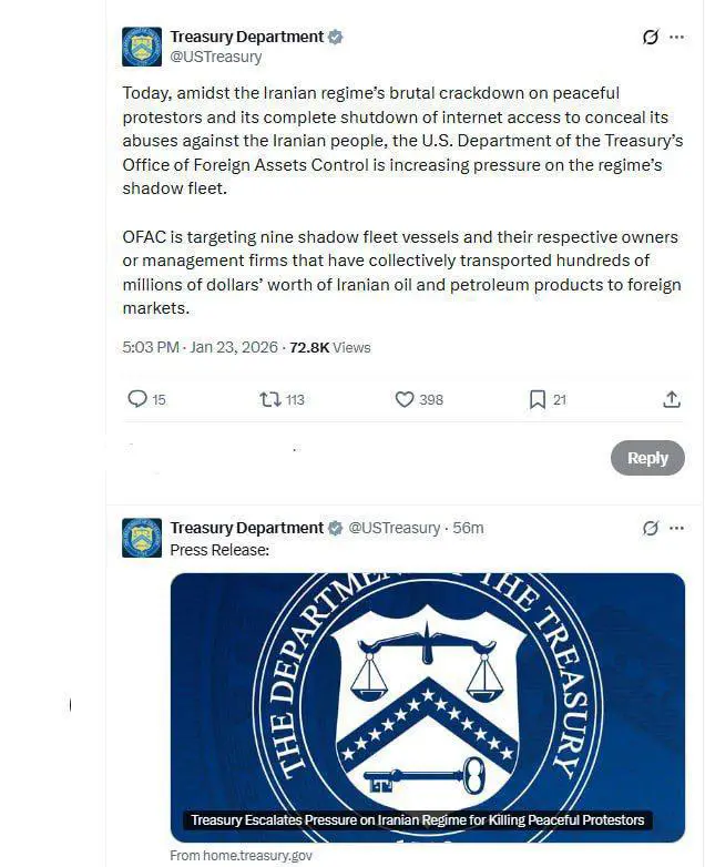 گەمارۆوە نوێیەكانی وەزارەتی خەزێنەداری ئەمریکا بۆ سەر ئێران