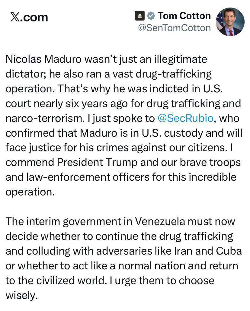 تام كاتن : مادۆرۆ لە دەستبەسەرگەی ئەمریکایە و بە تاوانی بازرگانی کردن بە ماددە هۆشبەرەکان، تیرۆر و زیان گەیاندن بە هاووڵاتیانمان دادگایی دەکرێت