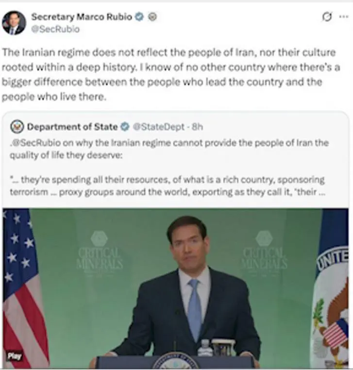 مارکۆ ڕۆبیۆ : حکوومەتی ئێران نوێنەرای خەڵك و فەرهەنگی ئەم ووڵاتە نییە