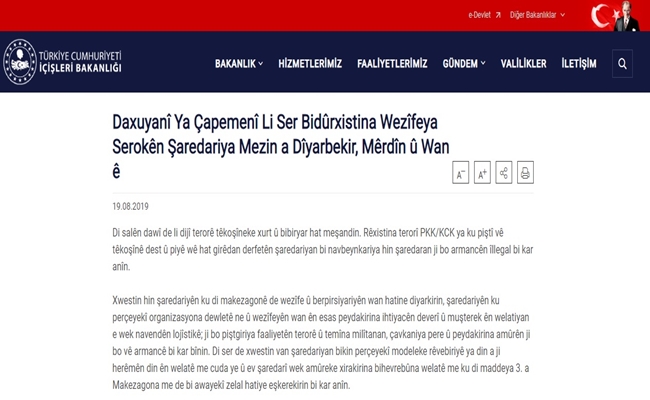 Ji Wezareta Navxwe ya Tirkiyê bi 'Kurdî' daxuyaniya destdanîna ser saredariyan