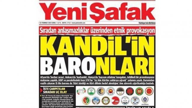 Yeni Safak, Kürtlere yapilan saldirilari iliskin açiklamada yapan 15 baroyu hedef gösterdi