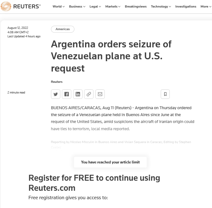 دادگاى فیدراڵی ئەرژەنتین لەسەر داوای ئەمریکا فەرمانی دەستبەسەرداگرتنی فڕۆکەیەکى ڤەنزوئێللایی دەکرد