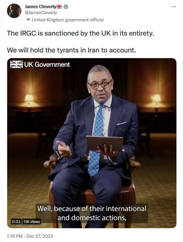 جێمز کلۆرلی، وەزیری دەرەوەی بەریتانیا : سوپای پاسداران بە تەواوی لەلایەن کۆماری ئیسلامییەوە دەستى بەسەردا گیراوە