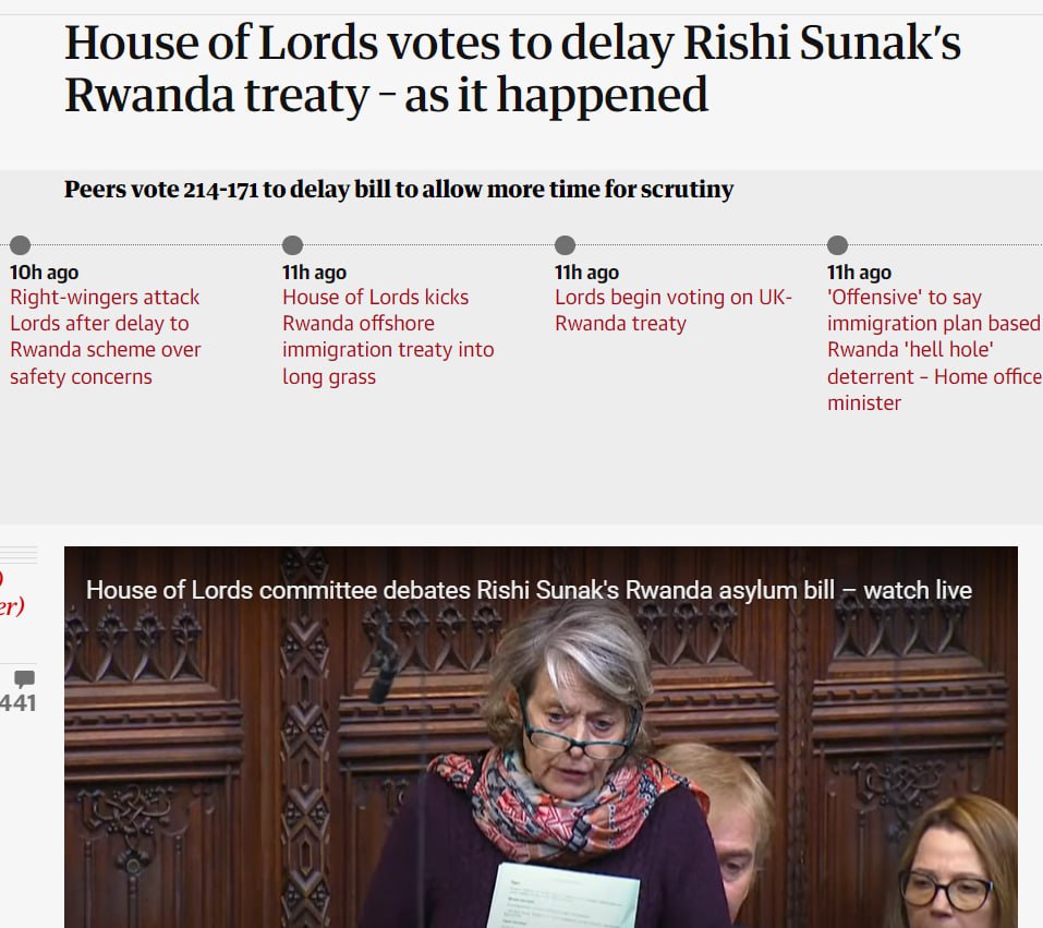 ئەنجوومەنی لۆردەکانی بەریتانیا بڕیاری ناردنی کۆچبەرانی لە ووڵاتەکەی بۆ ڕواندا بە کۆی ٢١٤ دەنگ دواخست