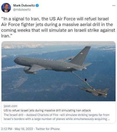 مارک دۆبڤیتز : بە پێدانی سیگناڵێک بە ئێران ، هێزە ئاسمانییەکانی ئەمریکا لە مانۆڕێکی بەرفراوانی ئاسمانی سووتەمەنی دەگەینێتە جێتگەلی شەڕکەری هێزی ئاسمانی ئیسرائیل